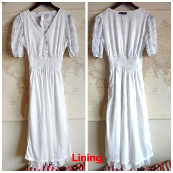 SOLD NEW White and Blue Floral Shirred Prairie Maxi Dress, Size S - Picture 7 of 8